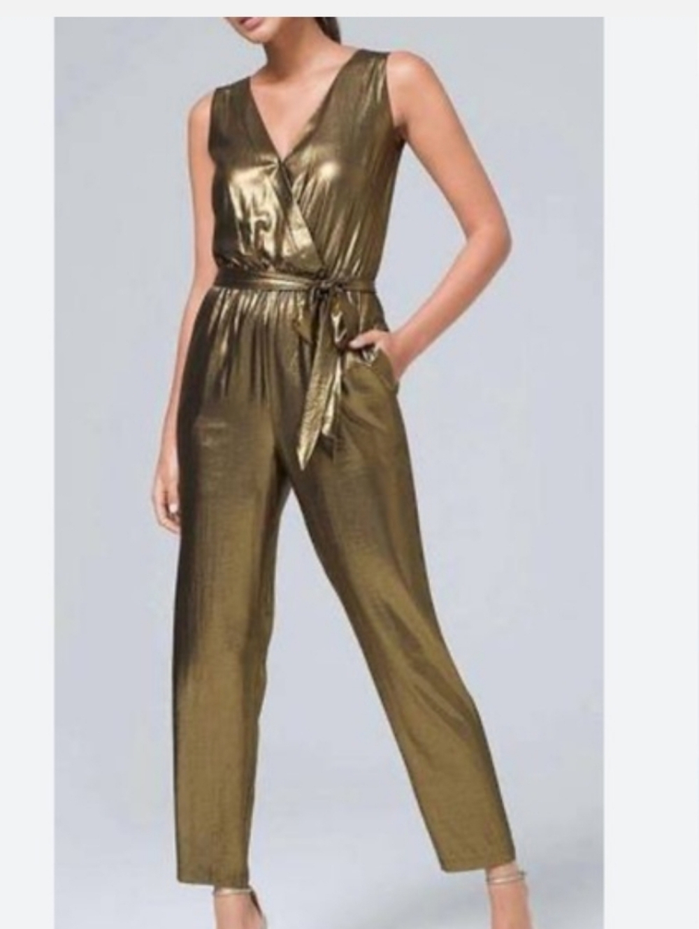 NWT White House Black Market Metallic Gold V-Neck Jumpsuit With Tie Belt- Size 6